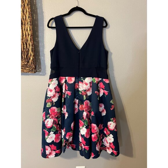 XScape A Line Dress 16W Navy Blue Floral Stretch Career Church Wedding Party - Picture 6 of 9